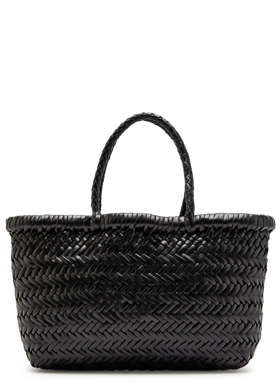 Dragon Diffusion Mini Flat Gora Woven Leather Top Handle Bag In Black