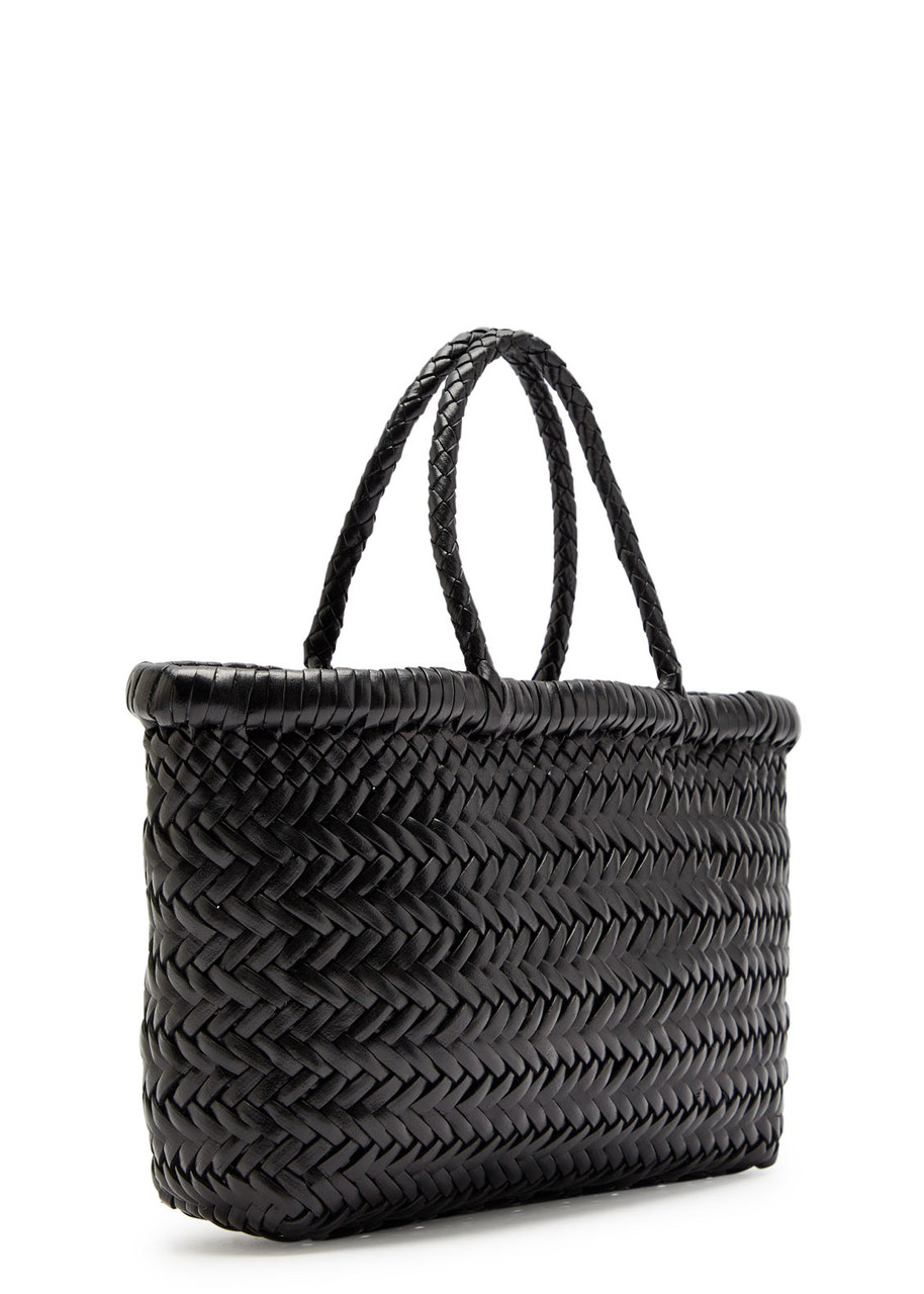 Dragon Diffusion Mini Flat Gora Woven Leather Top Handle Bag In Black