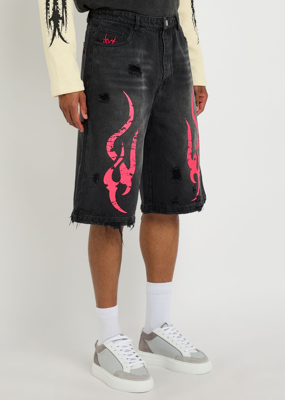 Chew Forever Tribal-printed Denim Shorts In Black