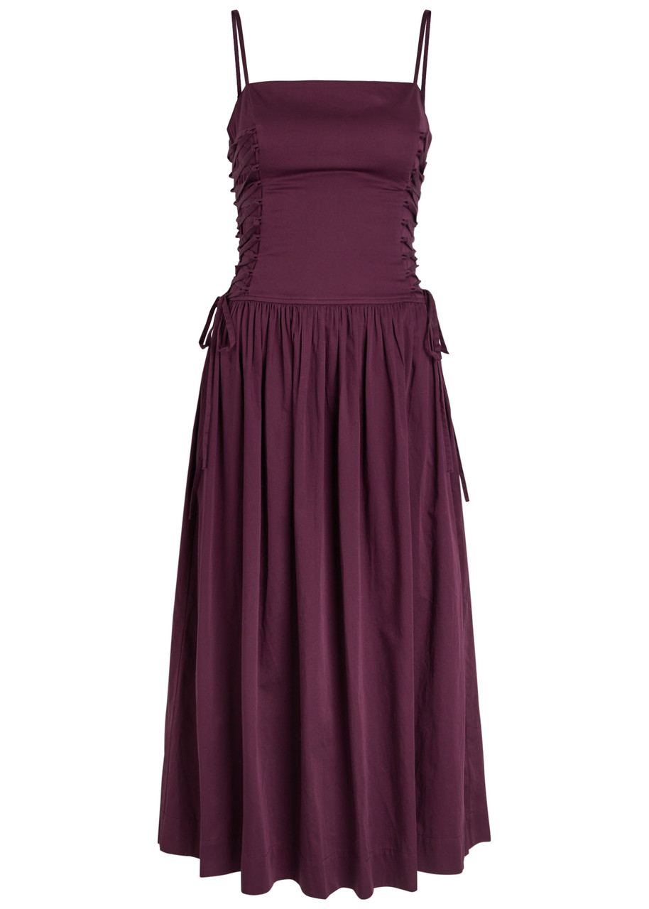 Damson Madder Angelina Lace-up Cotton-poplin Midi Dress In Purple