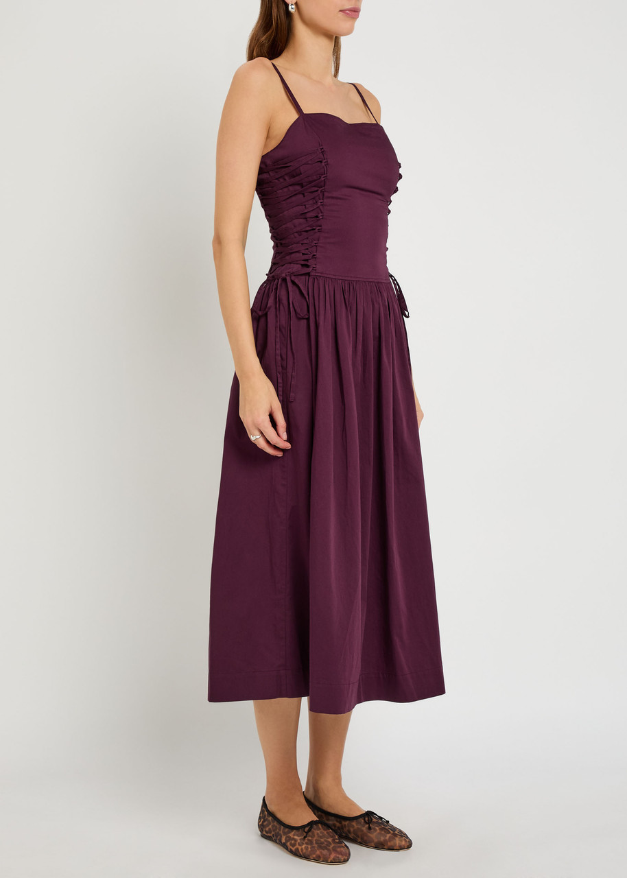 Damson Madder Angelina Lace-up Cotton-poplin Midi Dress In Purple