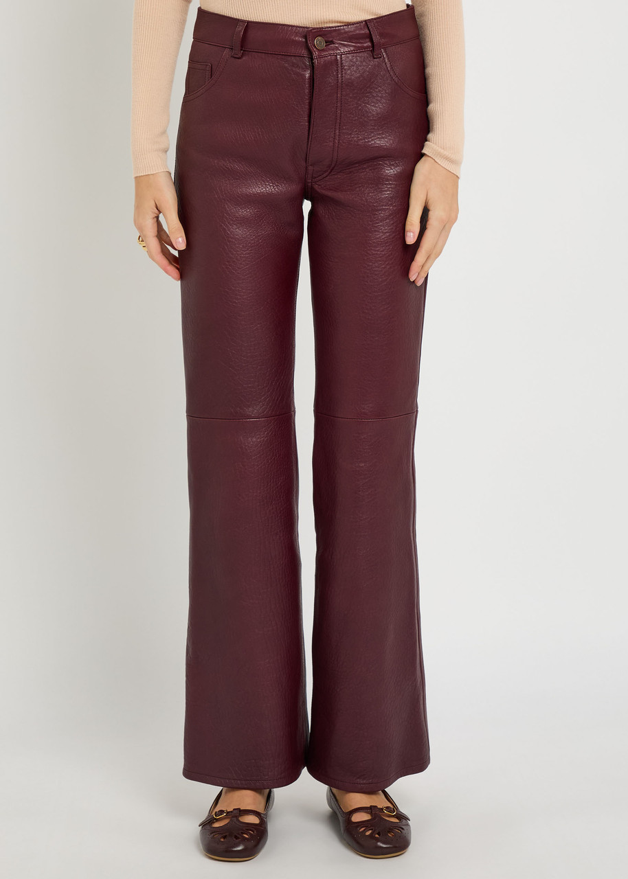 Chloé Chloe Flared-leg Grained Leather Trousers In Burgundy
