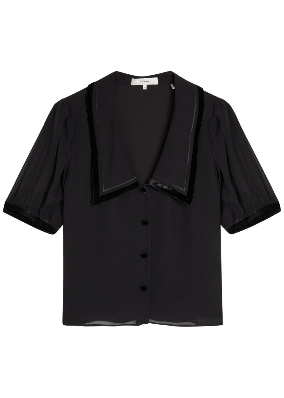 Frame Velvet-trim Silk-chiffon Blouse In Black