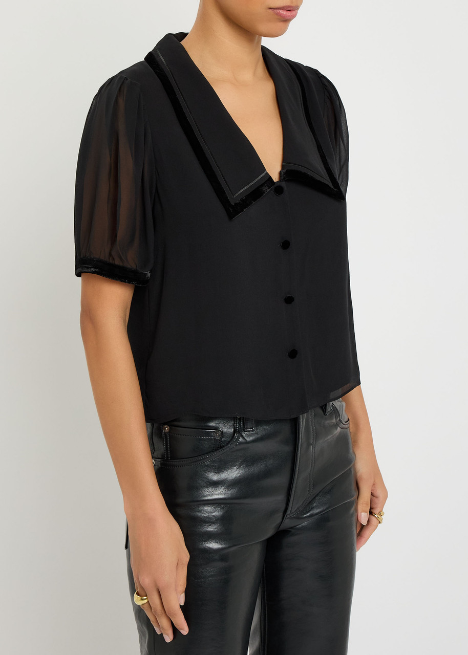 Frame Velvet-trim Silk-chiffon Blouse In Black