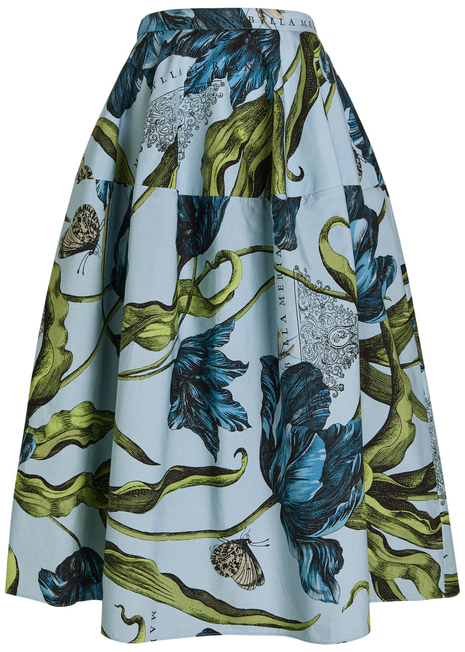 Erdem Printed Cotton-poplin Midi Skirt In Blue