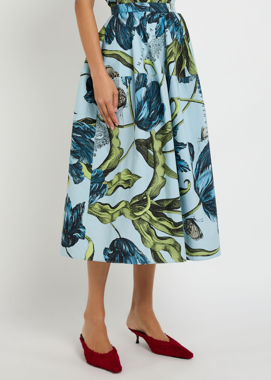 Erdem Printed Cotton-poplin Midi Skirt In Blue