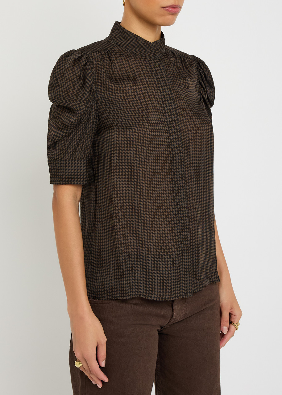 Frame Gillian Houndstooth Silk-satin Shirt In Brown
