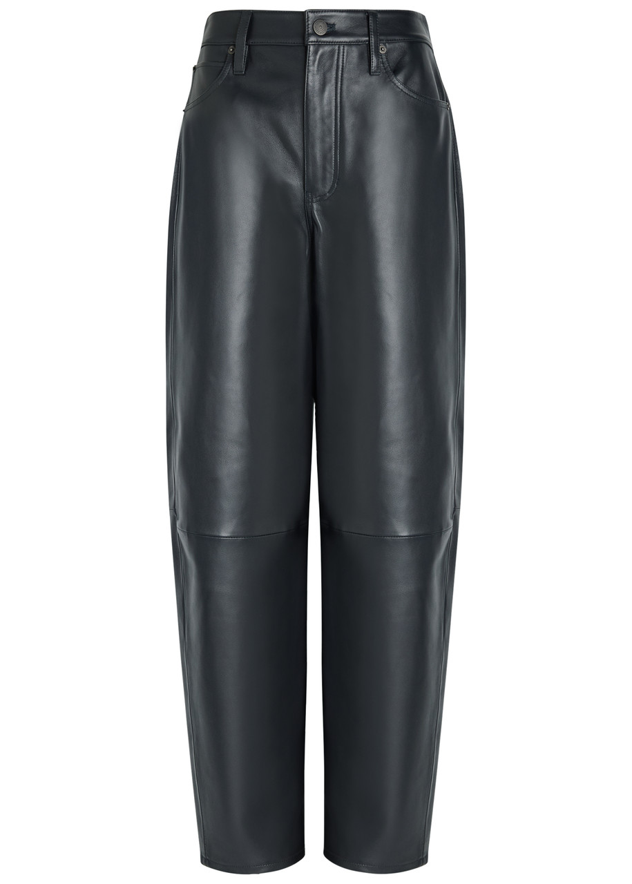 Frame Womens Navy The Neat Tapered-leg Leather Trousers In Blue