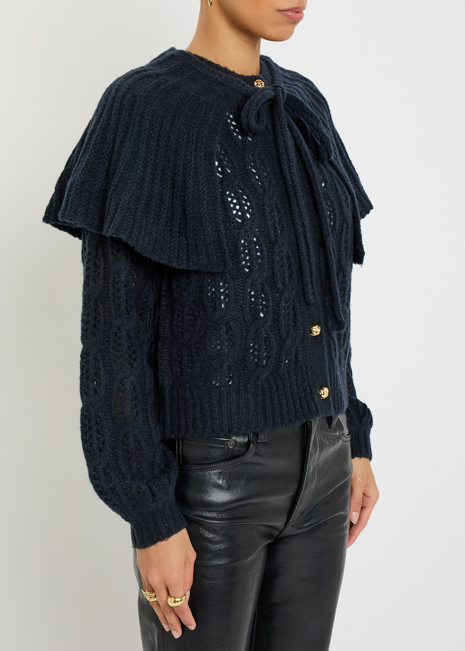 Frame Cape-effect Cable-knit Wool-blend Cardigan In Blue