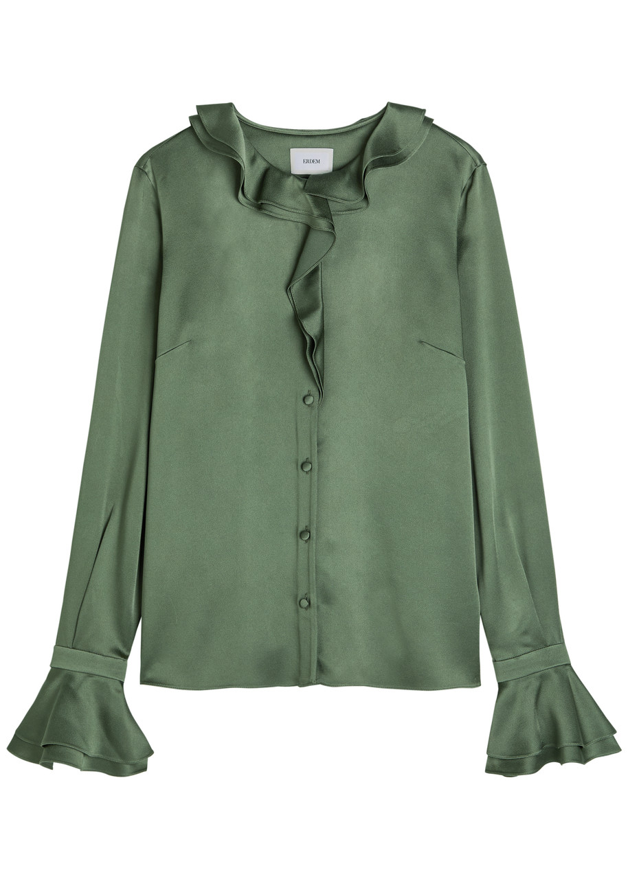 Erdem Ruffled Satin Blouse In Green