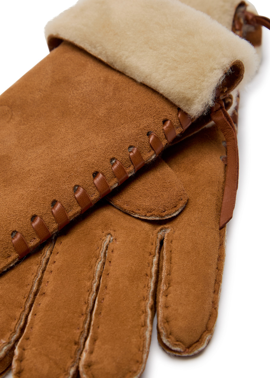 Agnelle Mia Shearling-lined Suede Gloves – Tan – 7.5 (M)