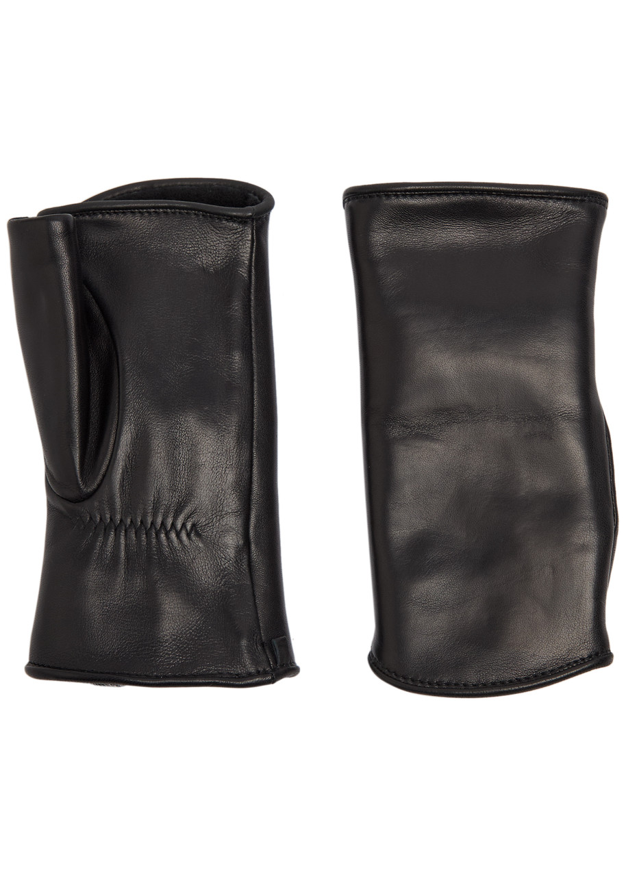 Agnelle Pauline Leather Fingerless Mittens - Black - 1 (S/M)