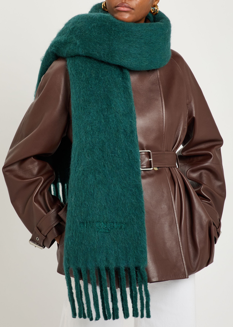 Givenchy Logo-embroidered Fringed Alpaca-blend Scarf In Green