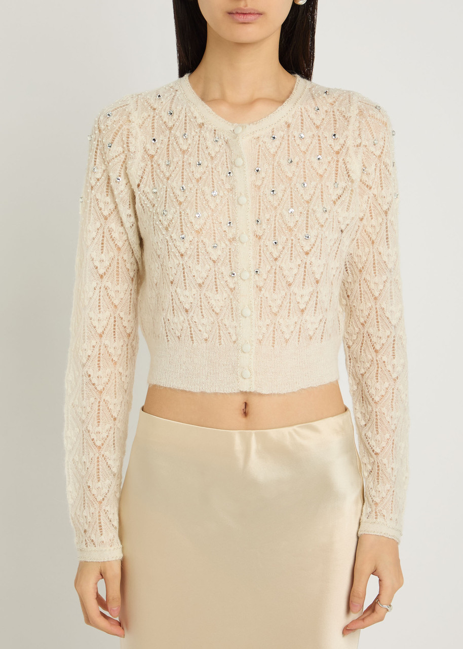 Loveshackfancy Calico Embellished Pointelle-knit Cropped Cardigan In Multi