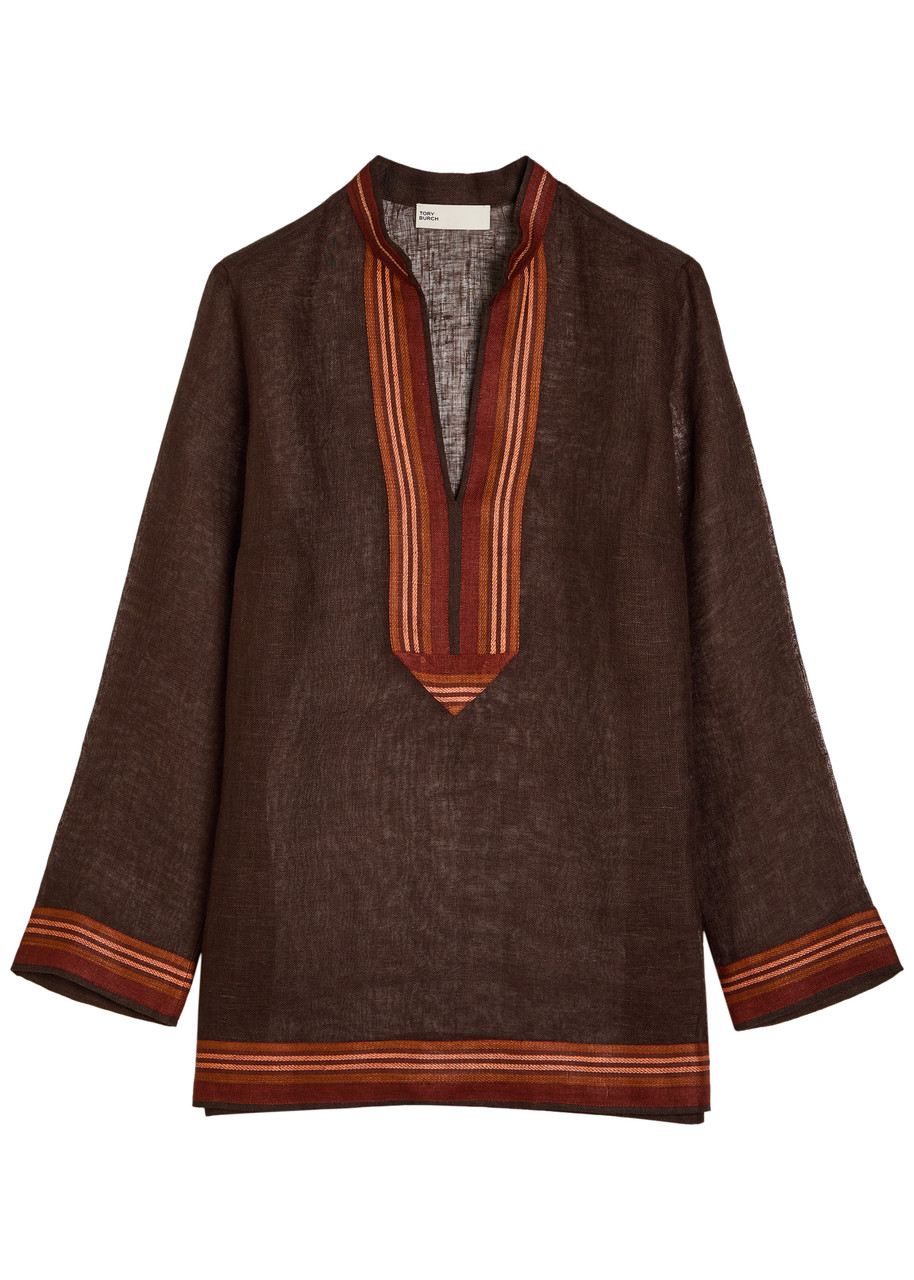 Tory Burch Stripe-trimmed Semi-sheer Linen Tunic In Brown