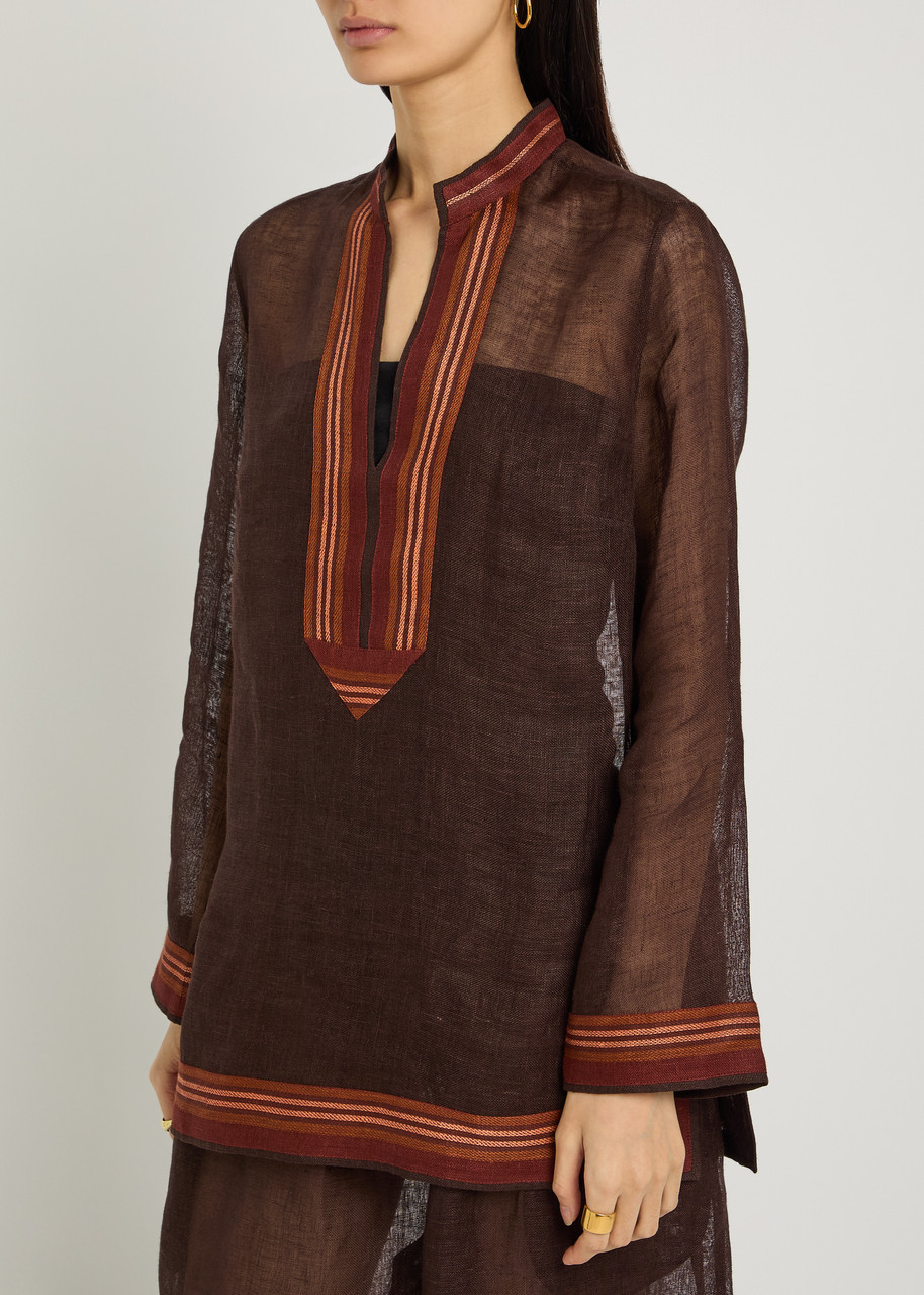 Tory Burch Stripe-trimmed Semi-sheer Linen Tunic In Brown