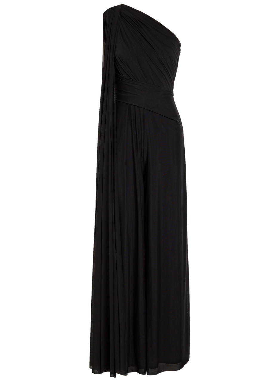 Talbot Runhof One Shoulder Draped Mesh Jumpsuit In Black