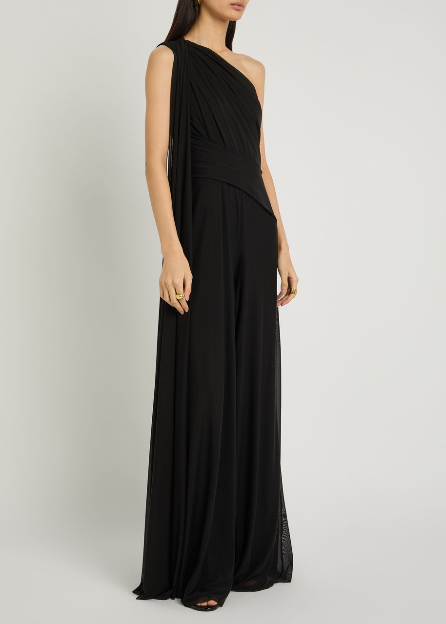 Talbot Runhof One Shoulder Draped Mesh Jumpsuit In Black