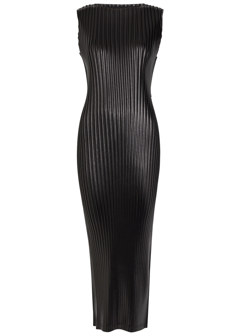 Issey Miyake Pleated Coated Satin Midi Dress - Black - 2