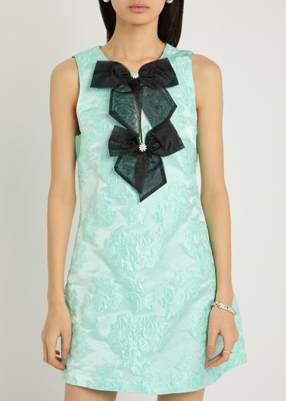 Sister Jane Waters Edge Bow-appliquéd Cloqué Mini Dress In Blue