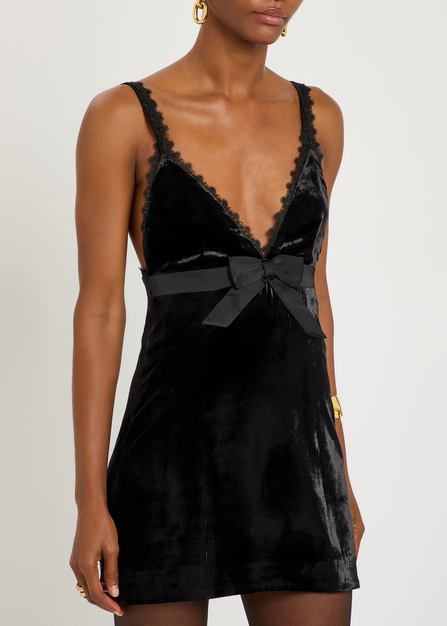 Ronny Kobo Emmi Bow-embellished Velvet Mini Dress In Black