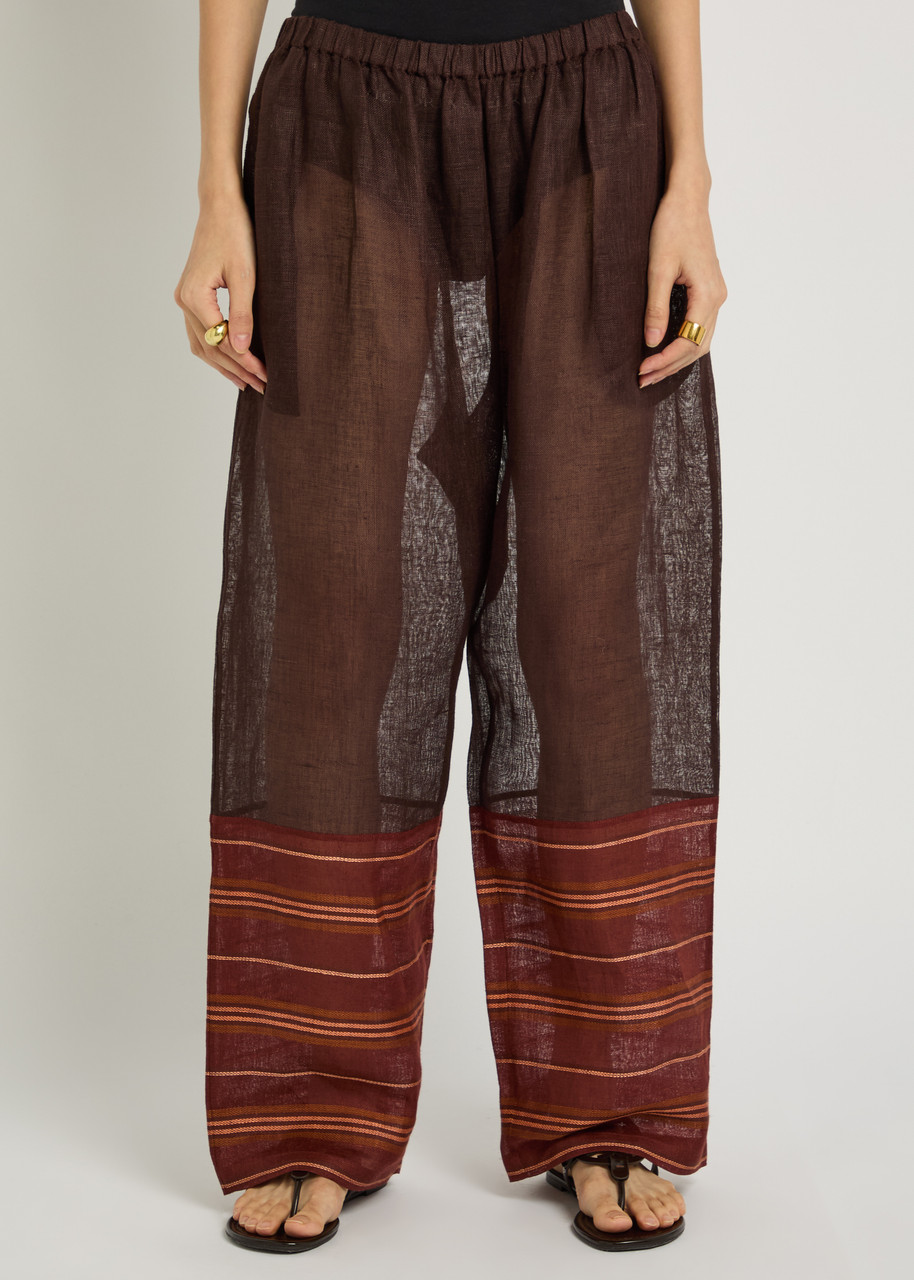Tory Burch Stripe-trimmed Semi-sheer Linen Trousers In Brown