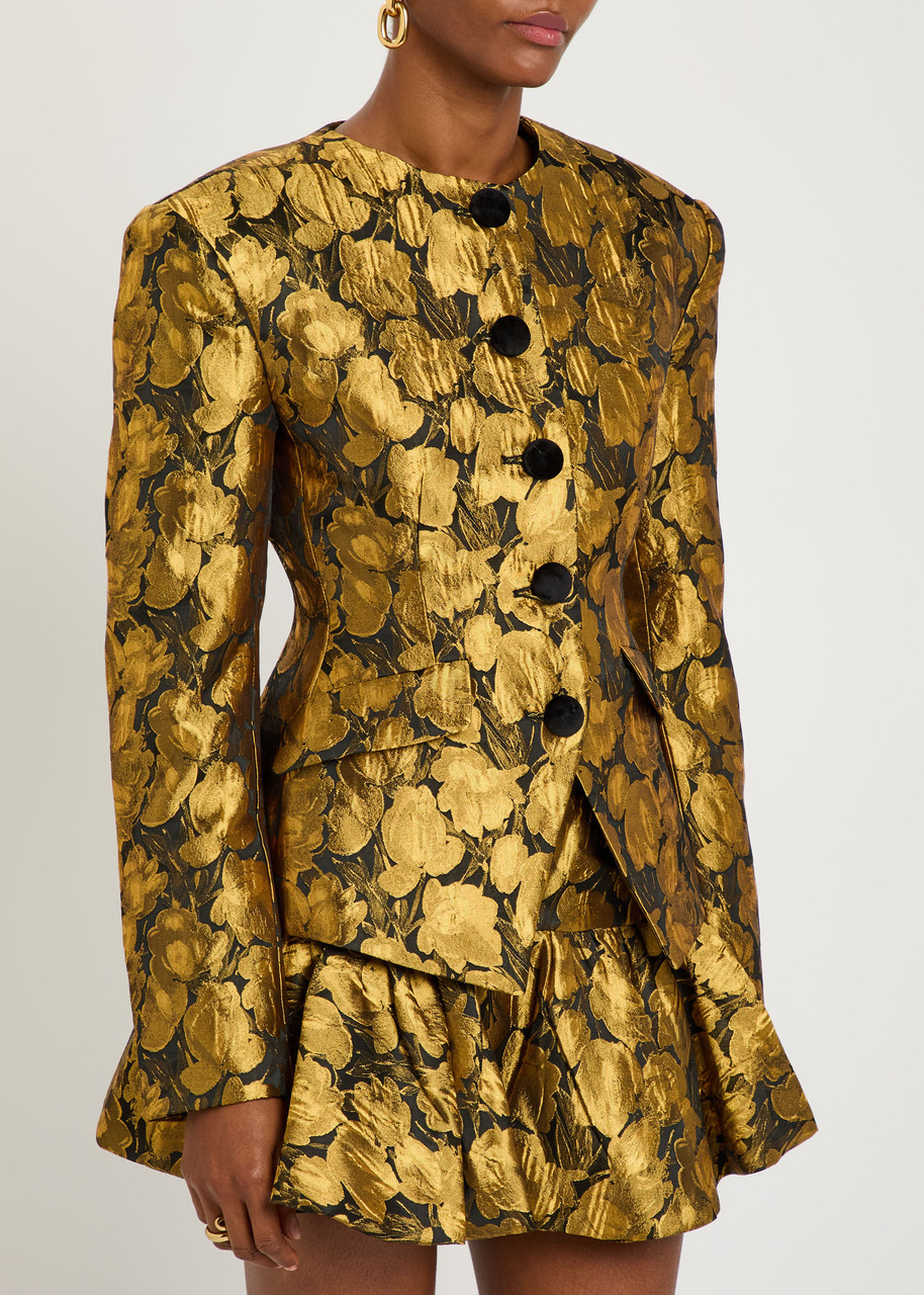 Ronny Kobo Wanda Metallic Floral-jacquard Woven Blazer In Brown