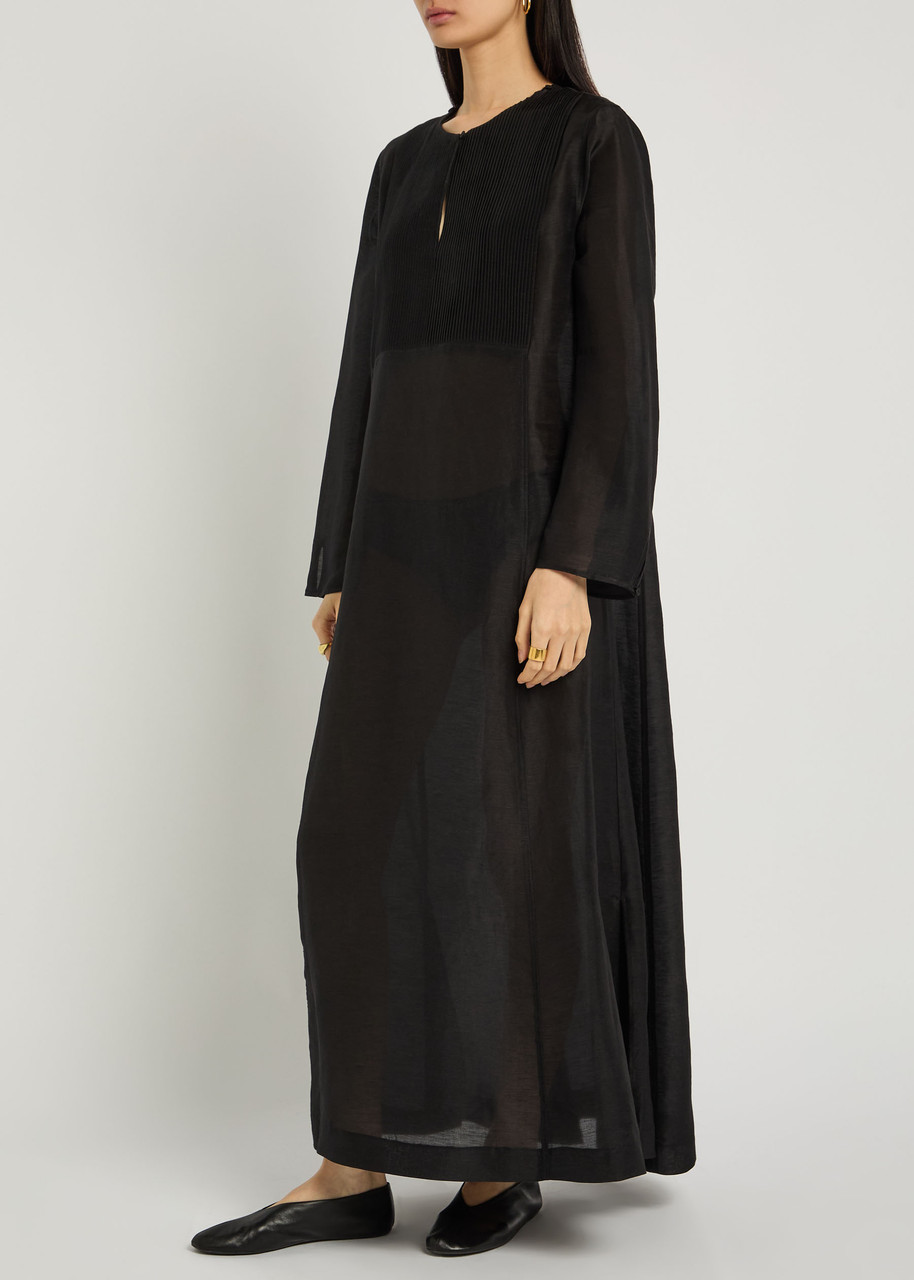 Tory Burch Pintucked Linen And Silk-blend Kaftan In Black