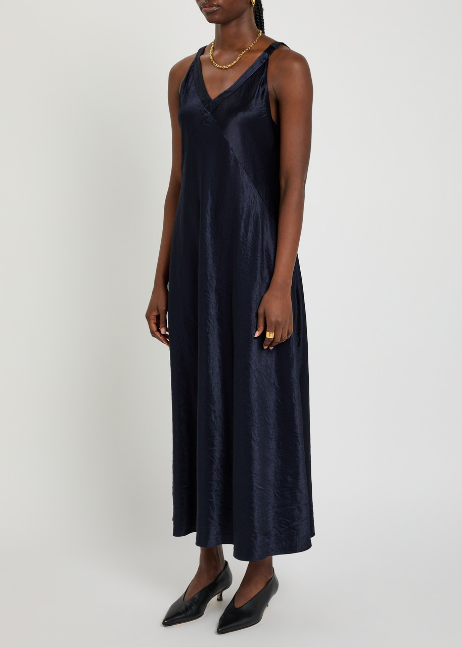 Eileen Fisher Sleeveless Crinkled Satin Empire Maxi Dress In Blue