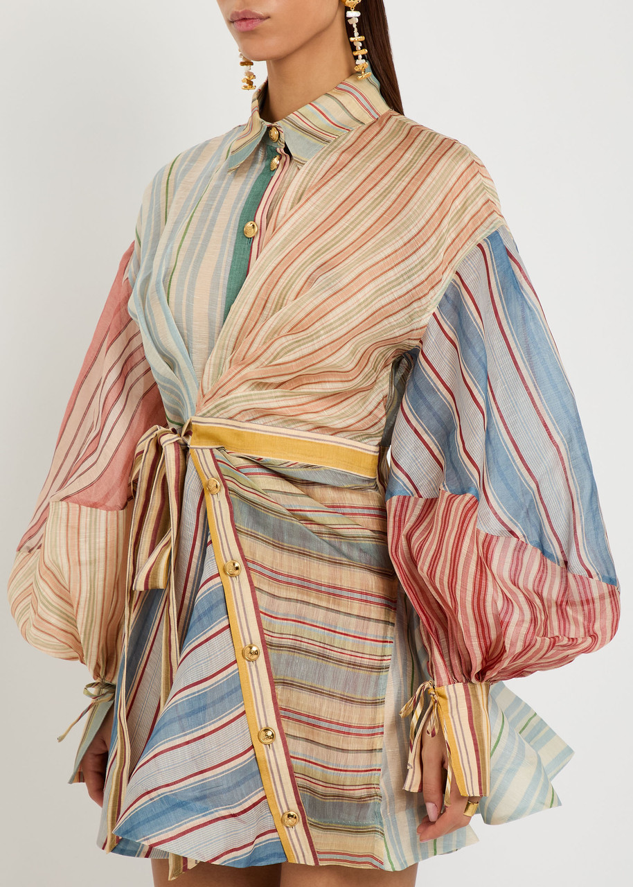 Zimmermann Rebellion Patchwork Striped Linen And Silk-blend Voile Mini Wrap Dress In Multi