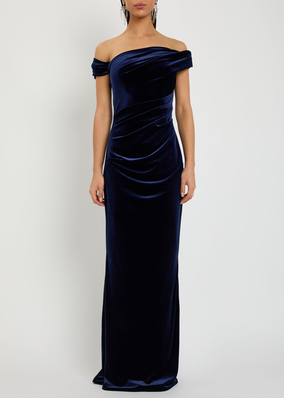 Talbot Runhof Off-the-shoulder Velvet Gown In Multi