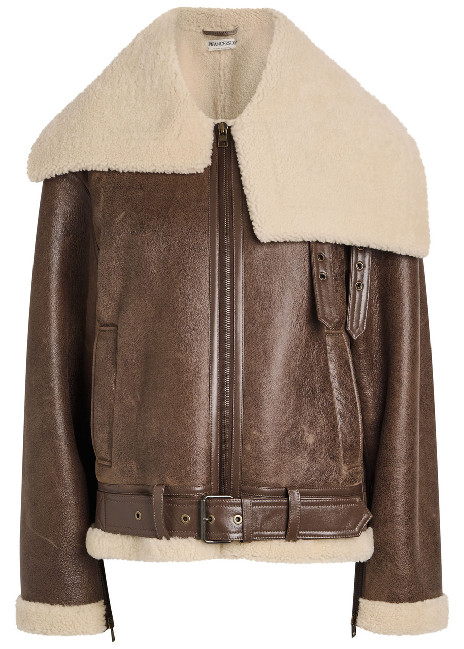 Jw Anderson Oversized Belted Shearling Jacket In Brown