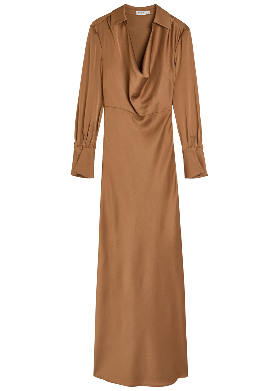 Simkhai Jonathan  Adelle Draped Satin Maxi Shirt Dress In Gold