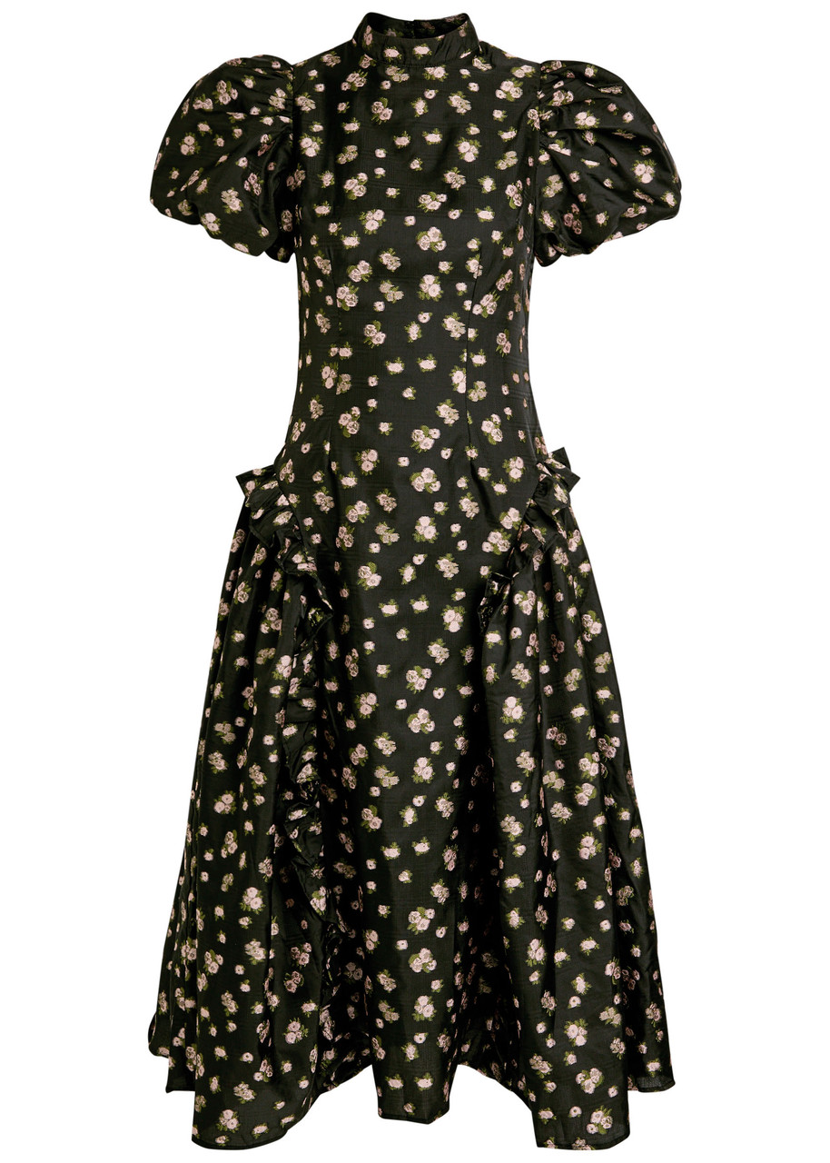 Sister Jane Tea Rose Floral-jacquard Woven Midi Dress In Black