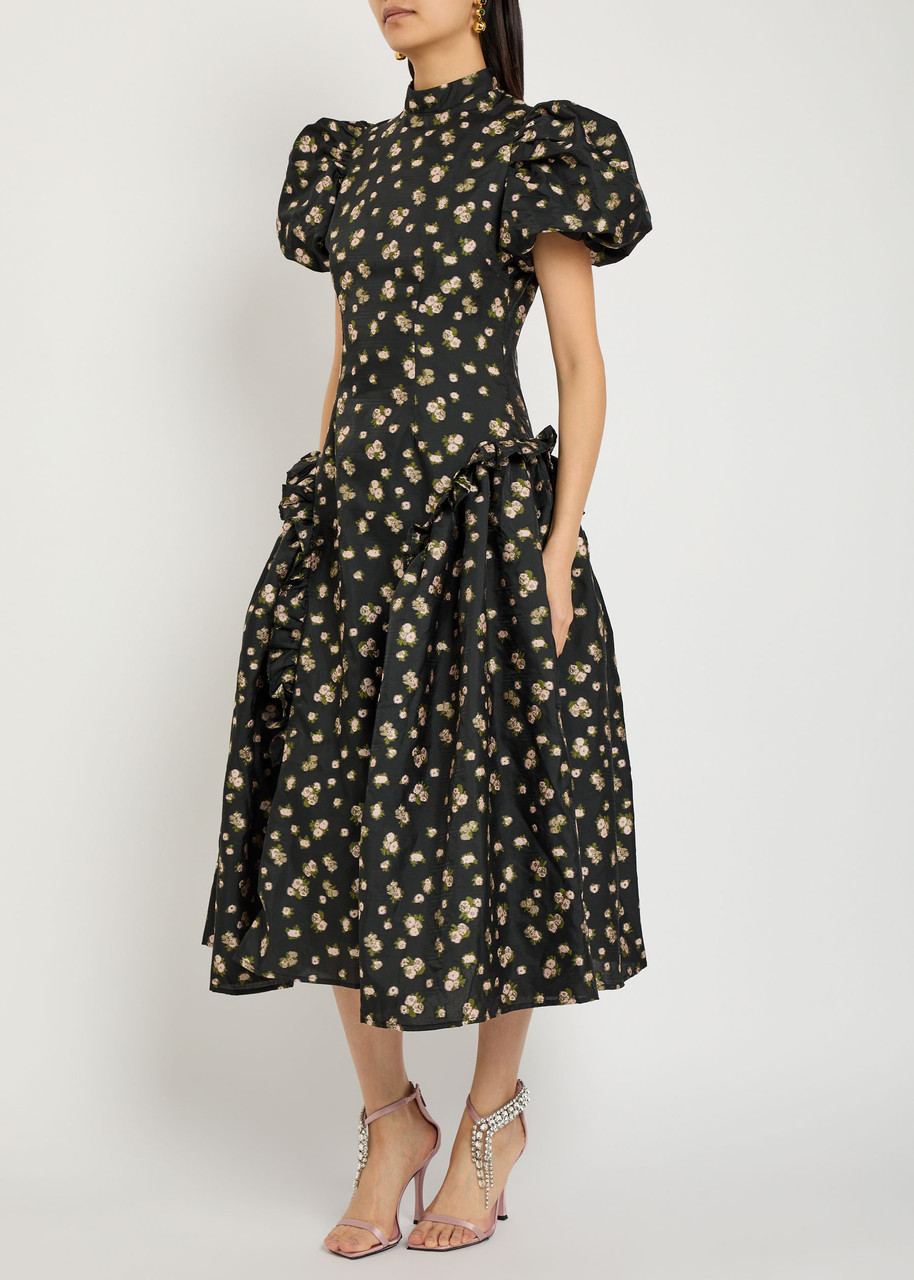 Sister Jane Tea Rose Floral-jacquard Woven Midi Dress In Black