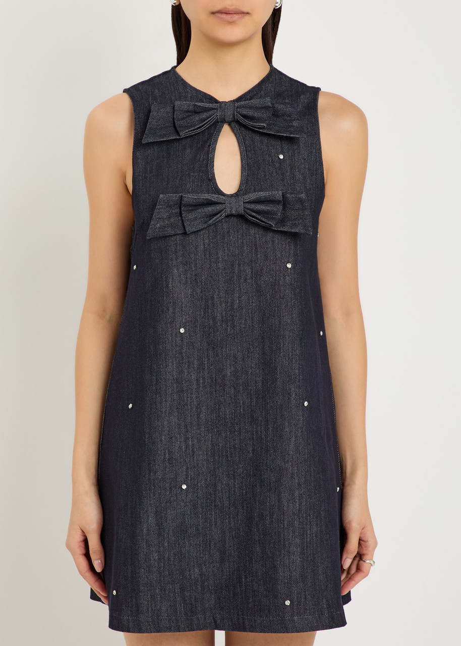 Sister Jane Curio Crystal-embellished Stretch-denim Mini Dress In Blue