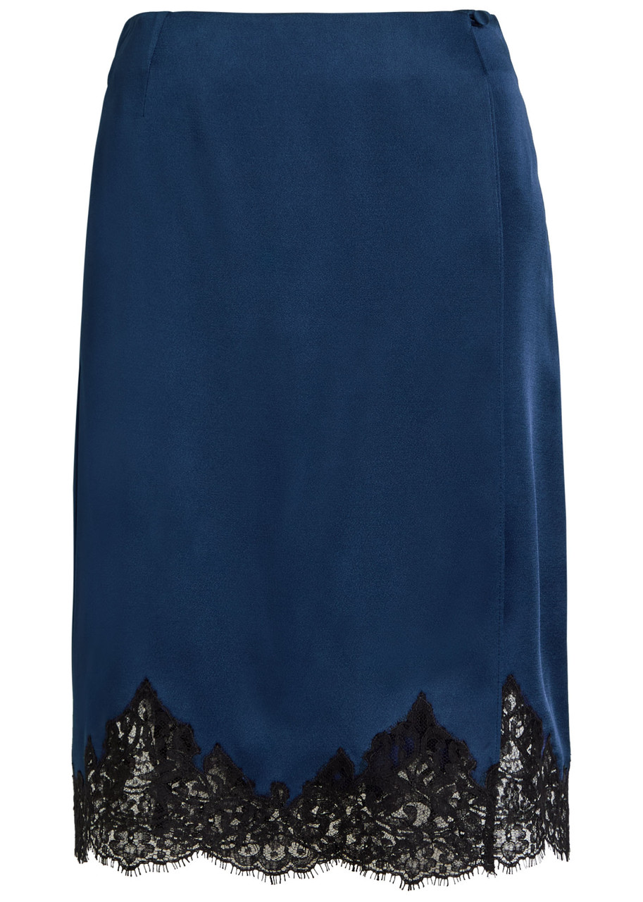 Stella Mccartney Iconic Lace-trimmed Satin Knee-length Wrap Skirt - Navy - 44 (UK12 / M)