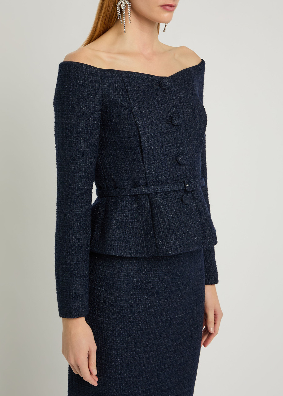 Roland Mouret Off-the-shoulder Bouclé Top In Blue