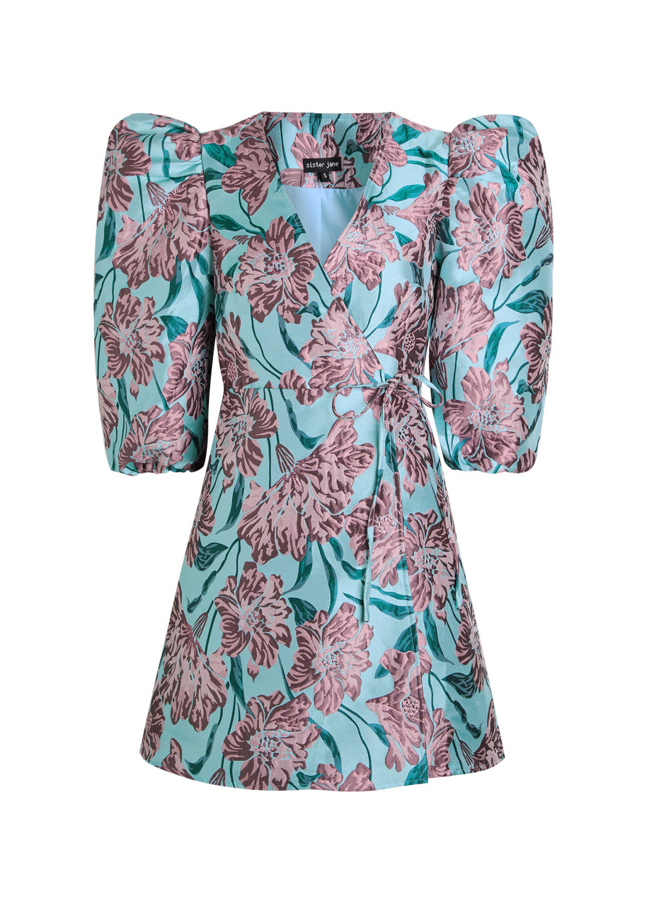 Sister Jane Deco Bloom Floral-jacquard Woven Mini Wrap Dress - Blue - 14 (UK14 / L)