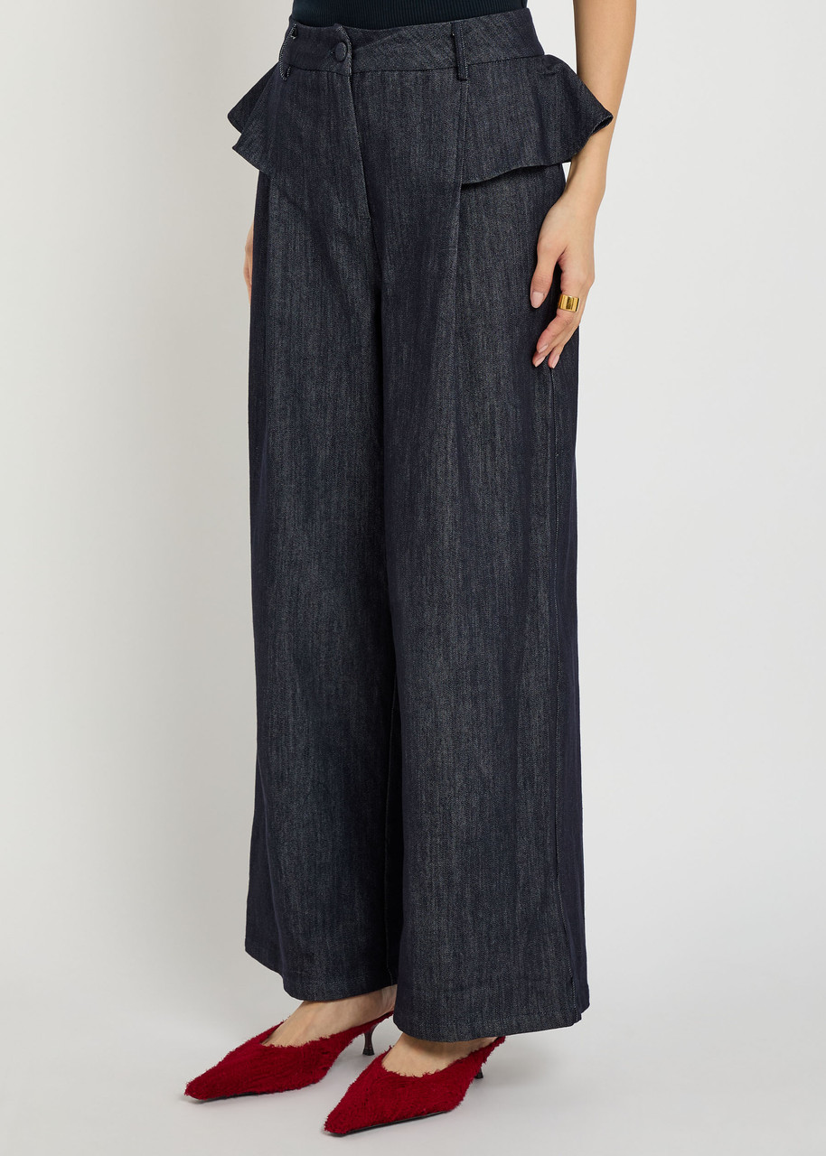 Sister Jane Curio Ruffled Wide-leg Denim Trousers In Blue