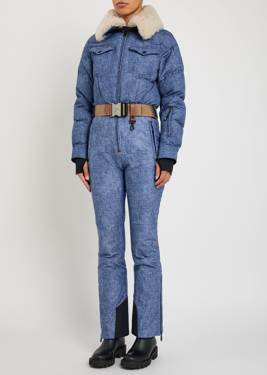 Moncler Denim-print Padded Shell Ski Suit In Blue