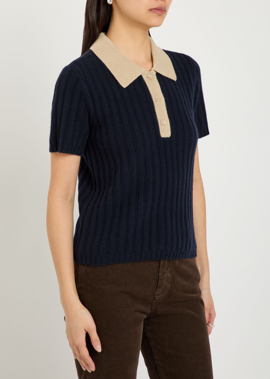 Frame Two-tone Ribbed Cashmere Polo Shirt In Blue