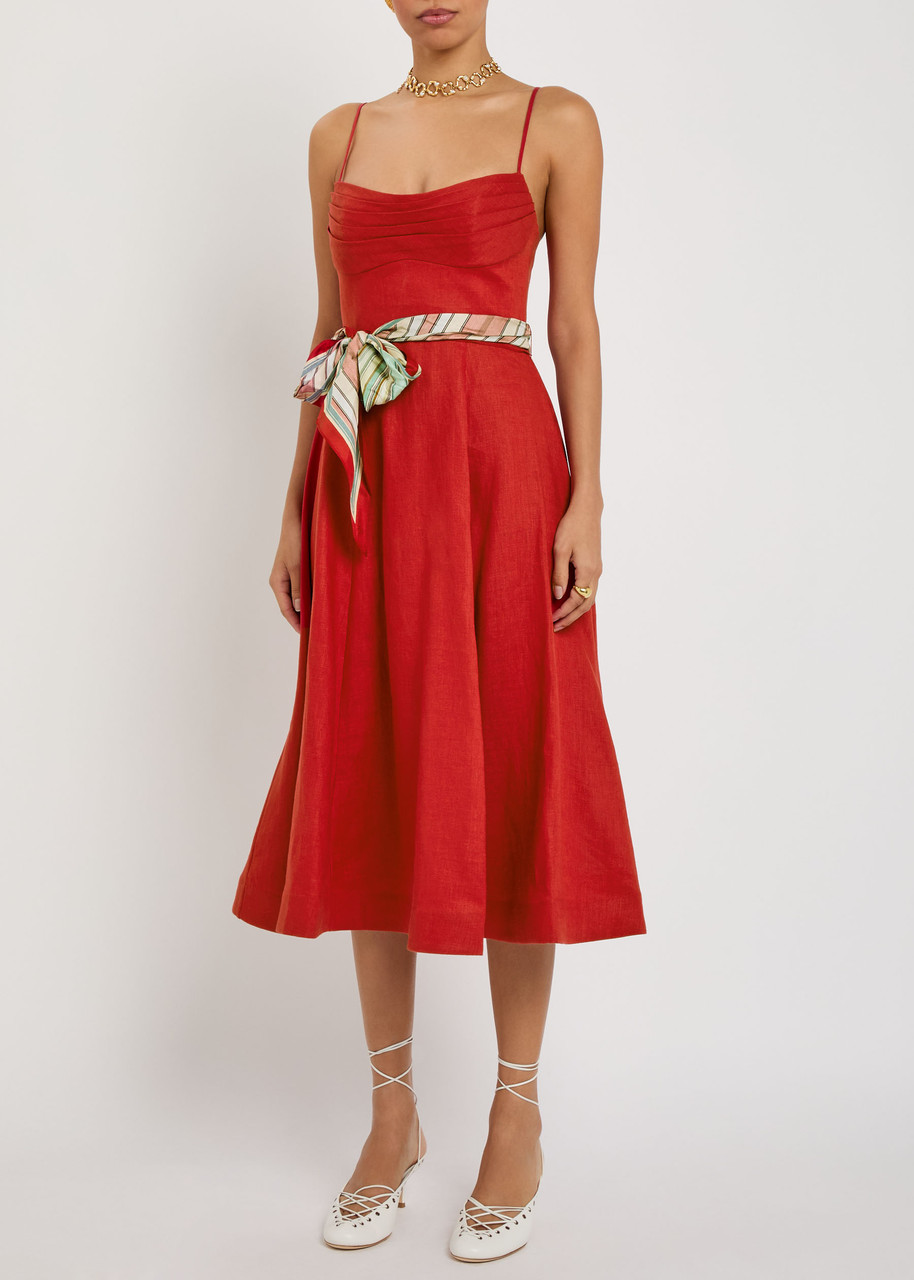 Zimmermann Rebellion Belted Linen Midi Dress In Red