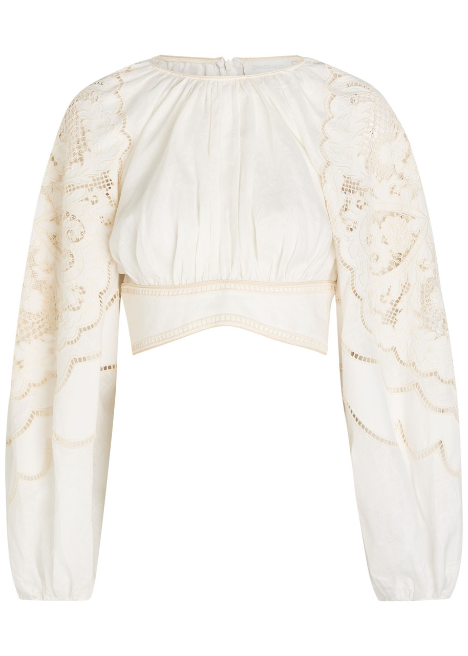 Zimmermann Daylight Guipure-lace Cropped Linen Top In White