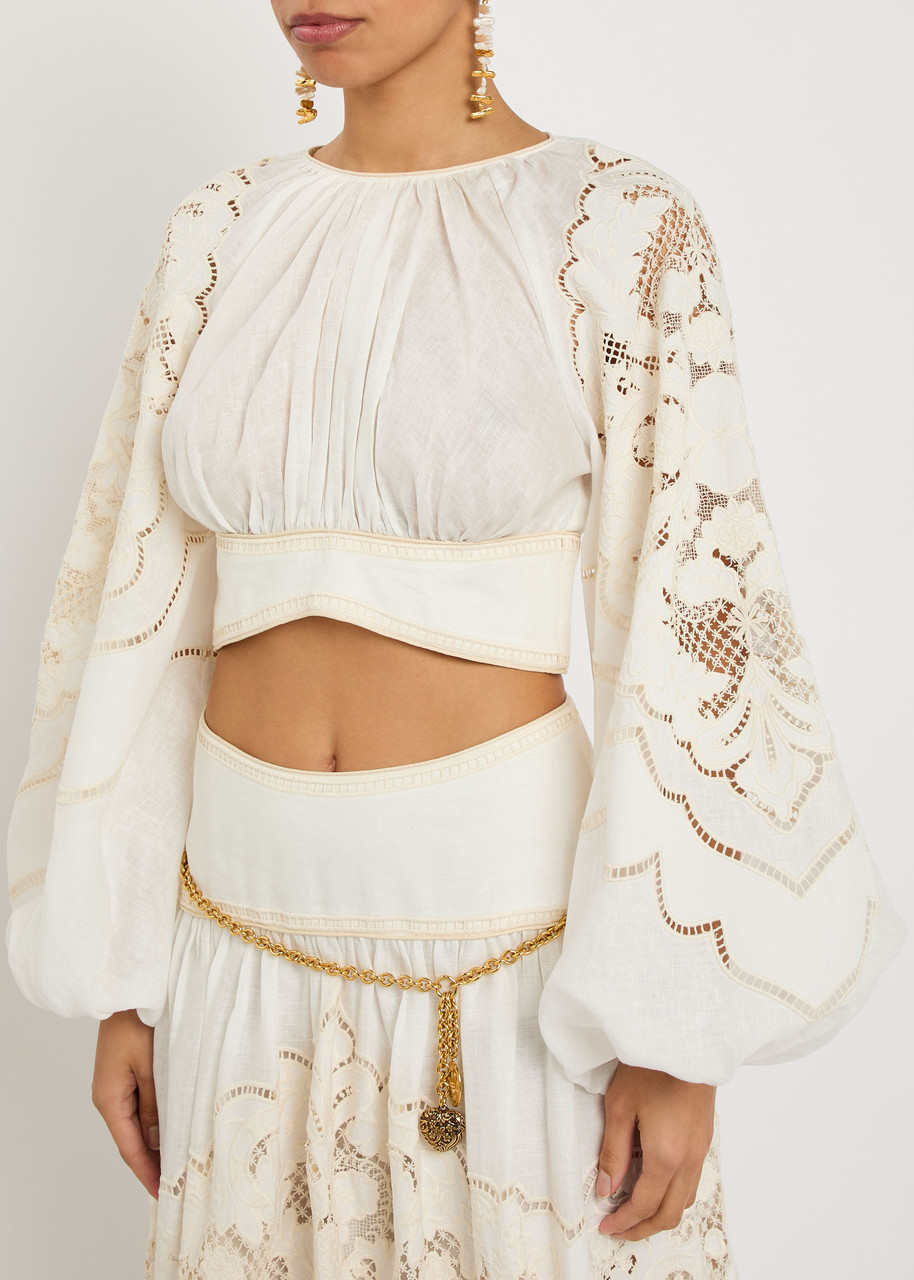 Zimmermann Daylight Guipure-lace Cropped Linen Top In White