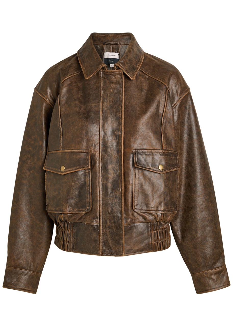 Reformation Daphne Panelled Leather Jacket In Brown