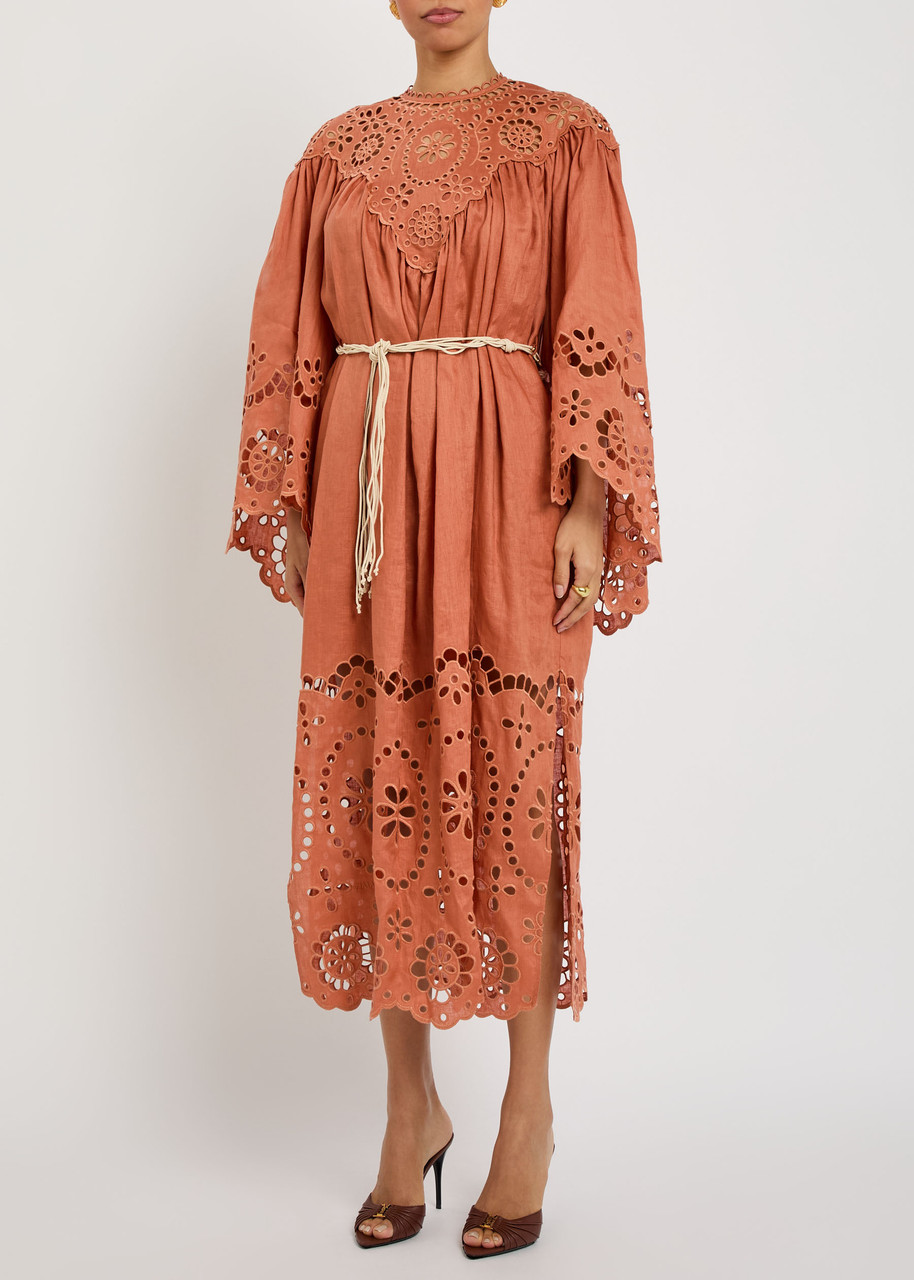 Zimmermann Awaken Embroidered Woven Yoki Maxi Dress In Orange