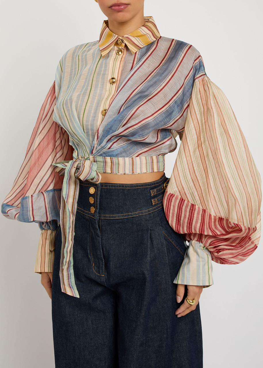 Zimmermann Striped Top With Balloon Sleeves And Tie Waist In Multi