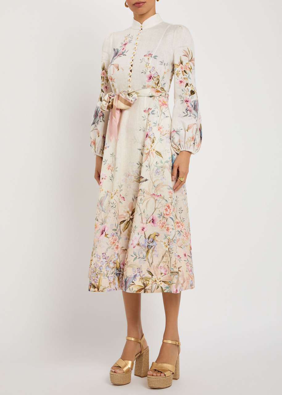 Zimmermann Rebellion Floral Belted Linen Midi Dress In White