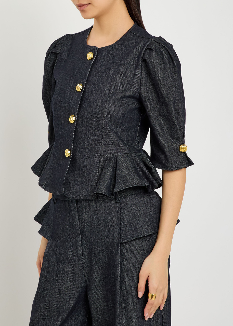 Sister Jane Curio Peplum Stretch-denim Blouse In Blue